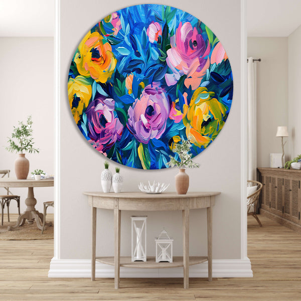 Kleurrijke Abstracte Impressie van Bloemen in Kunst forex muurcirkel