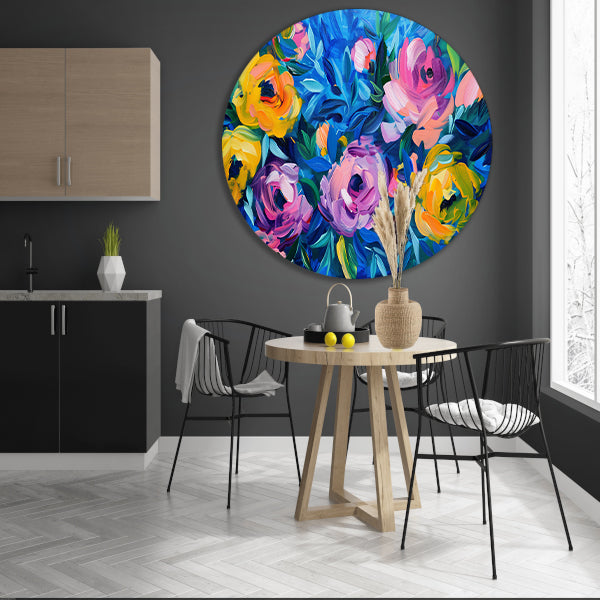 Kleurrijke Abstracte Impressie van Bloemen in Kunst forex muurcirkel