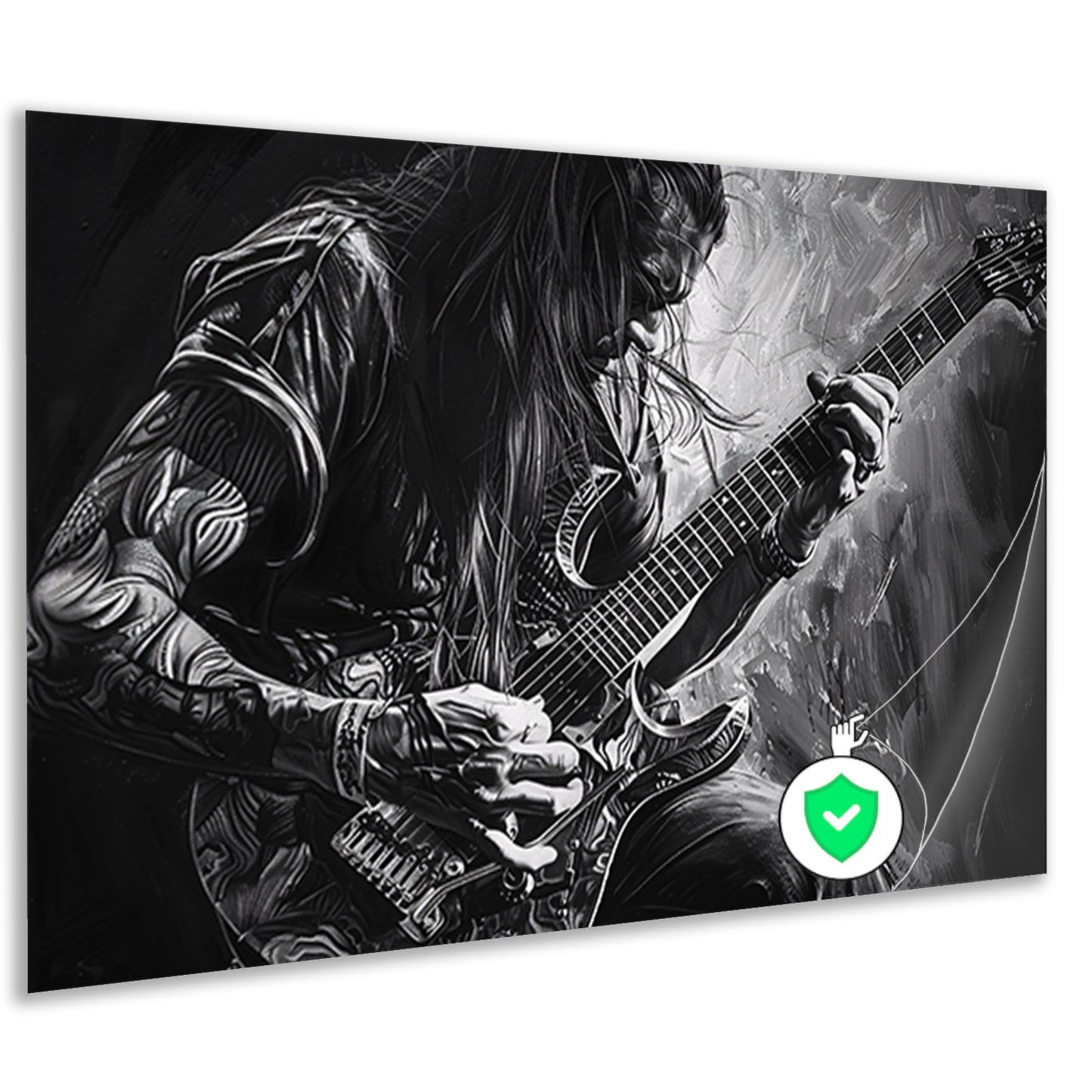 Gedetailleerd zwart-wit portret van gitarist poster