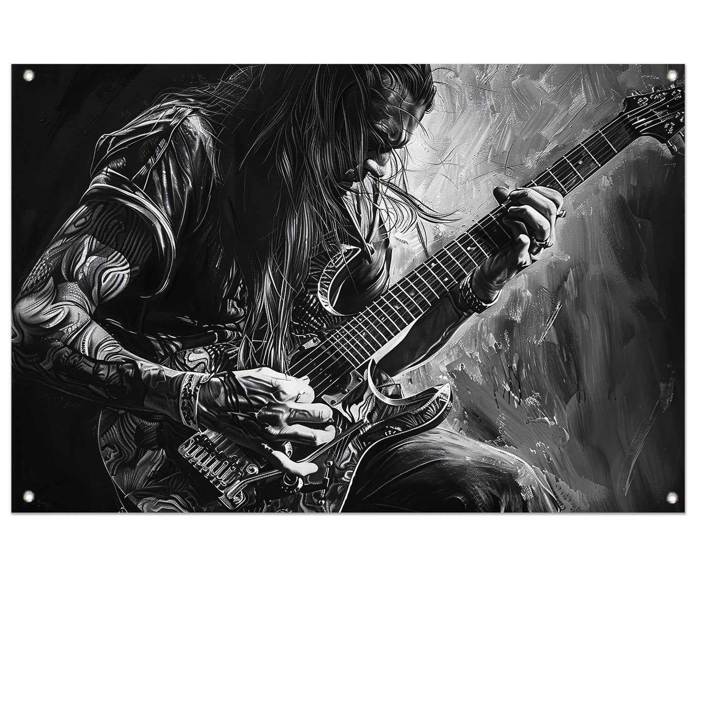 Gedetailleerd zwart-wit portret van gitarist tuinposter