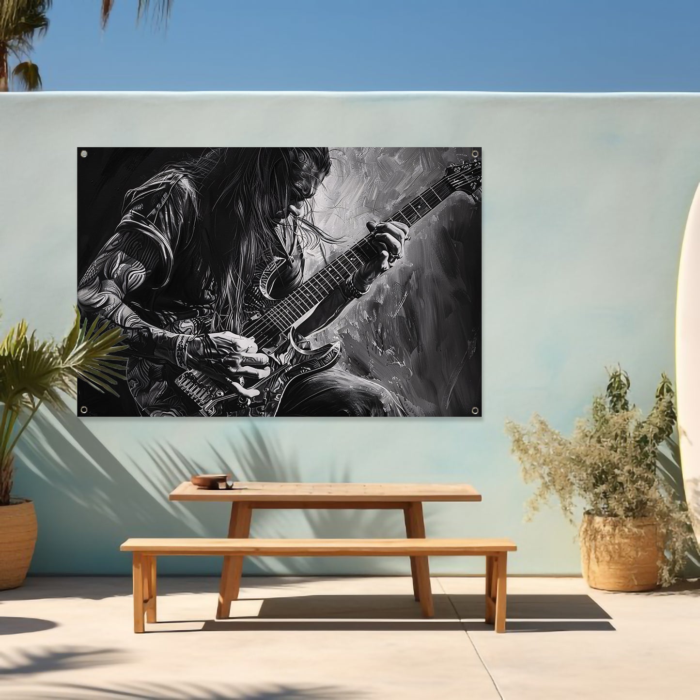 Gedetailleerd zwart-wit portret van gitarist tuinposter