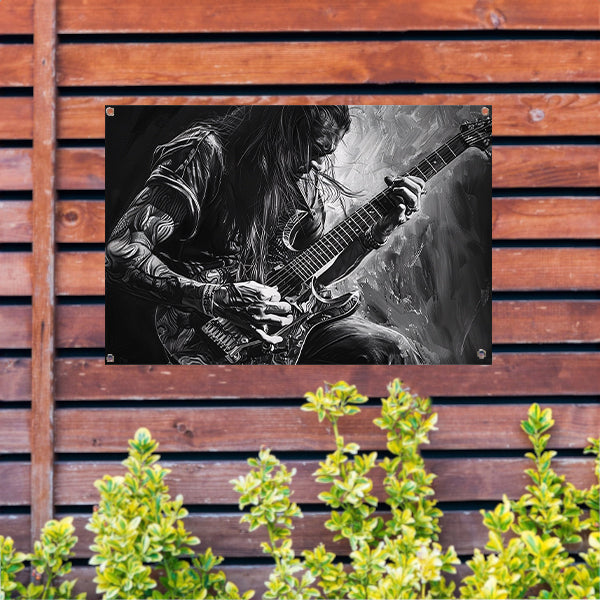 Gedetailleerd zwart-wit portret van gitarist tuinposter