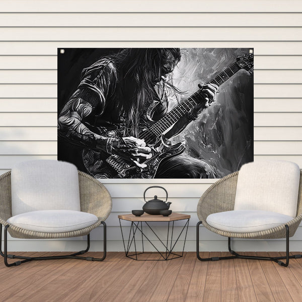 Gedetailleerd zwart-wit portret van gitarist tuinposter