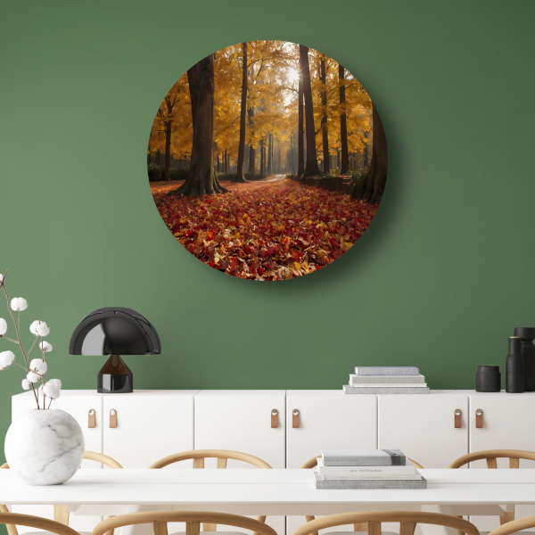 Herfstbladeren en Zonnestralen in het Bos forex muurcirkel