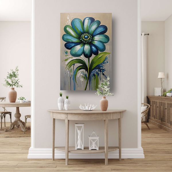 Abstracte Blauwe Bloem met Groene Bladeren canvas