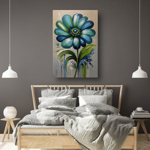 Abstracte Blauwe Bloem met Groene Bladeren canvas