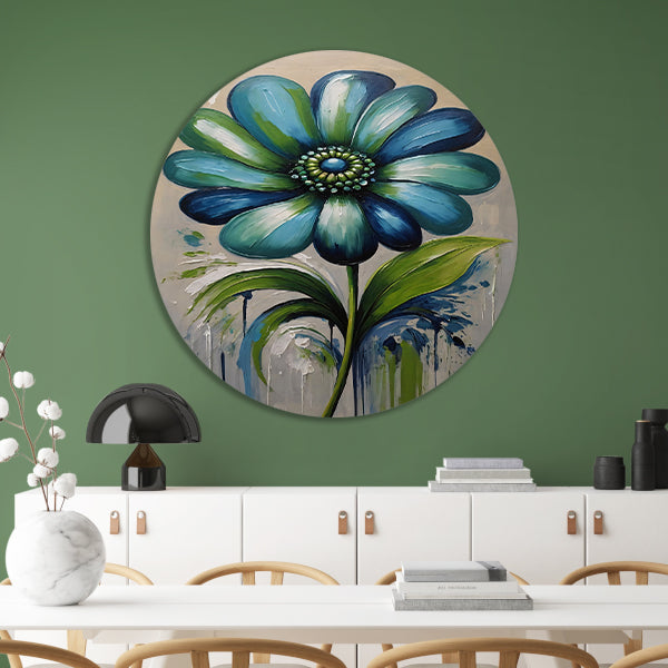 Abstracte Blauwe Bloem met Groene Bladeren forex muurcirkel