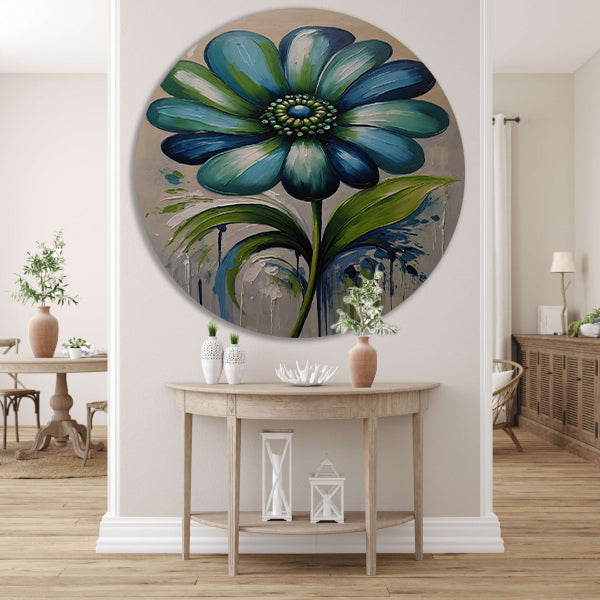 Abstracte Blauwe Bloem met Groene Bladeren forex muurcirkel