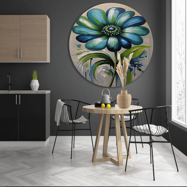 Abstracte Blauwe Bloem met Groene Bladeren forex muurcirkel