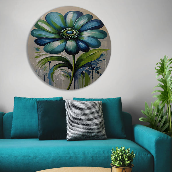 Abstracte Blauwe Bloem met Groene Bladeren forex muurcirkel