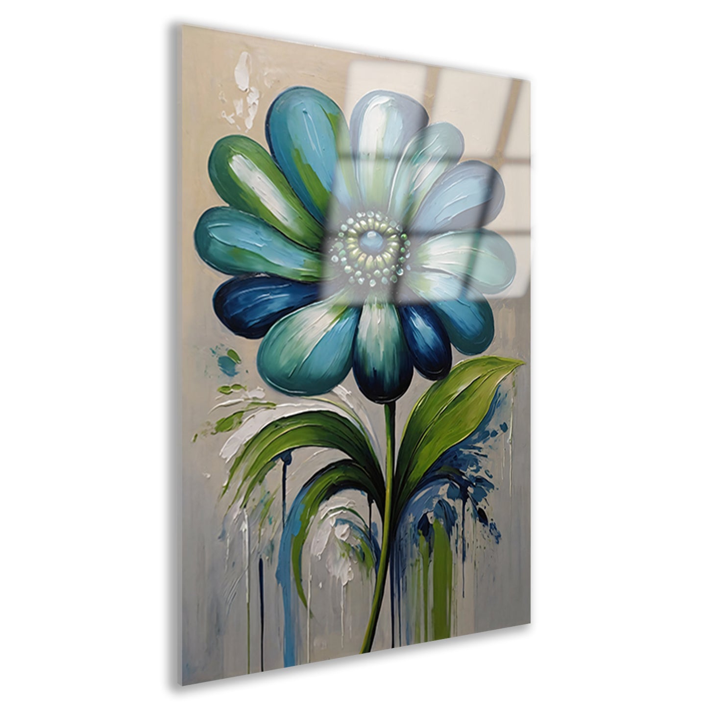 Abstracte Blauwe Bloem met Groene Bladeren Acrylglas