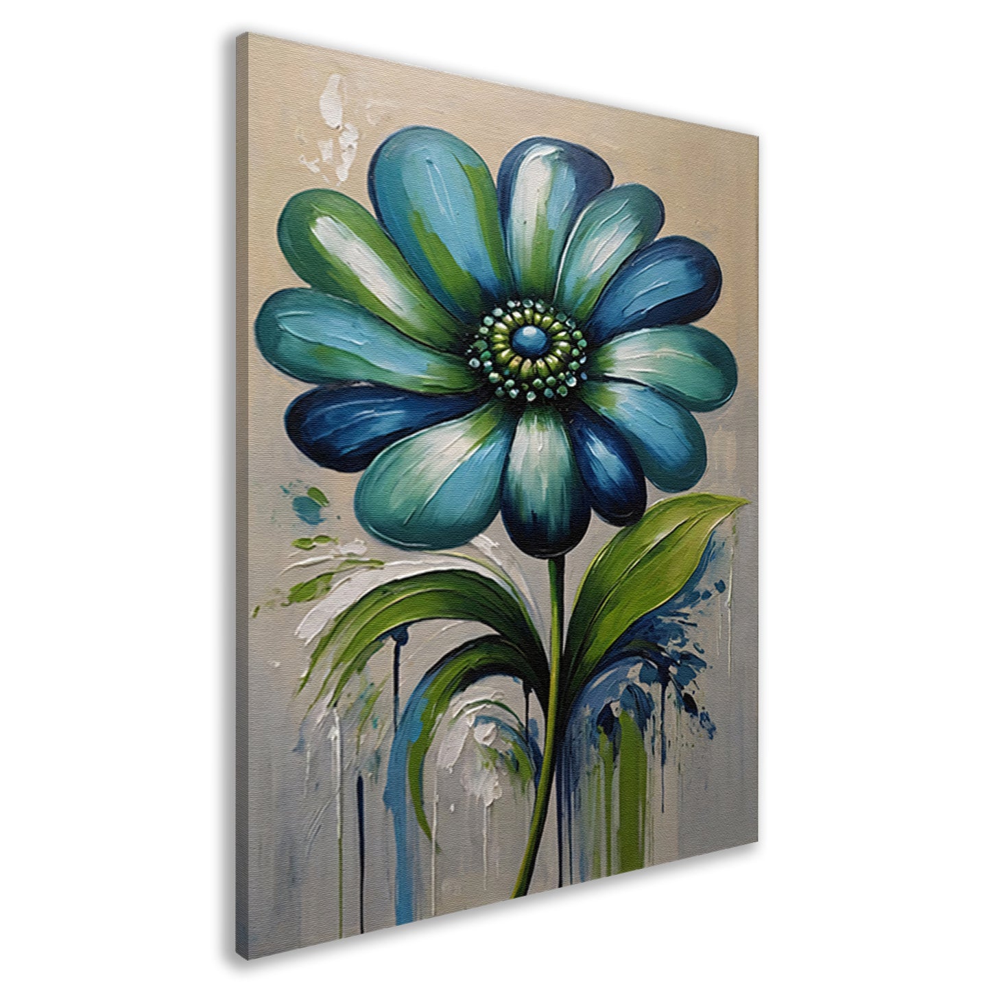 Abstracte Blauwe Bloem met Groene Bladeren canvas