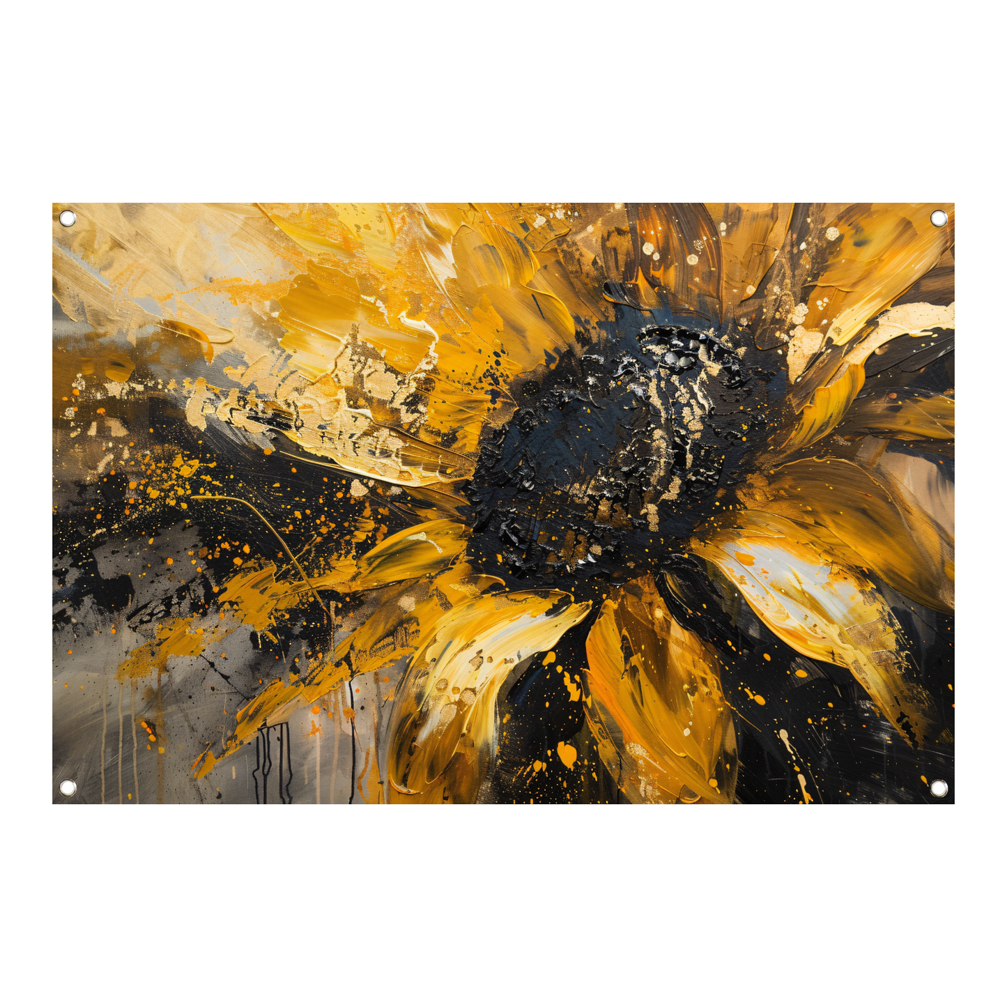 Dynamische abstracte zonnebloem in goud en zwart tuinposter