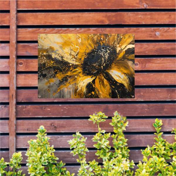 Dynamische abstracte zonnebloem in goud en zwart tuinposter