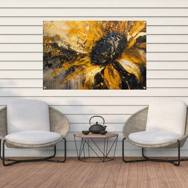 Dynamische abstracte zonnebloem in goud en zwart tuinposter