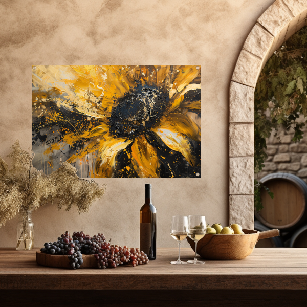 Dynamische abstracte zonnebloem in goud en zwart tuinposter