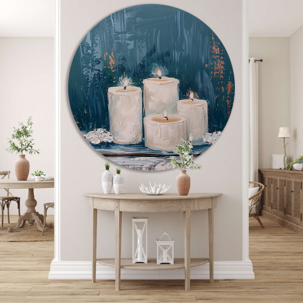 Prachtig realistisch schilderij van brandende kaarsen aluminium muurcirkel