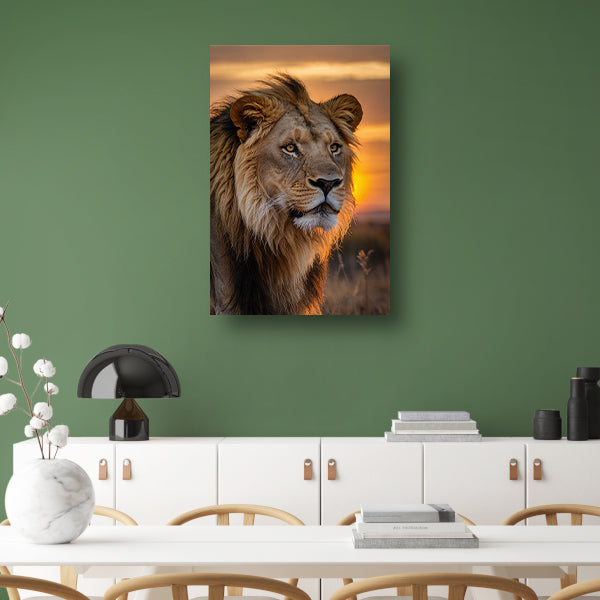 Majestueuze leeuw bij zonsondergang canvas