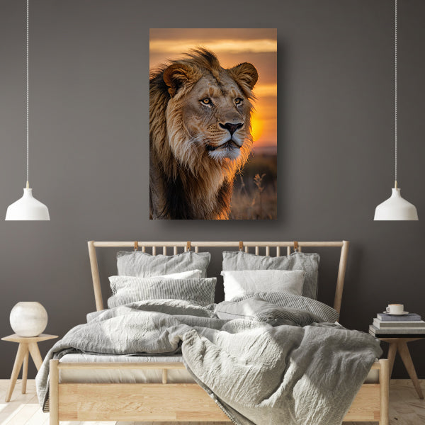 Majestueuze leeuw bij zonsondergang canvas