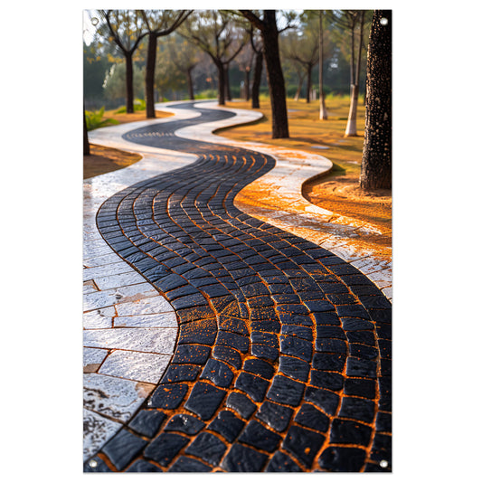 Abstract Kronkelend Pad met Contrasterende Tegels tuinposter