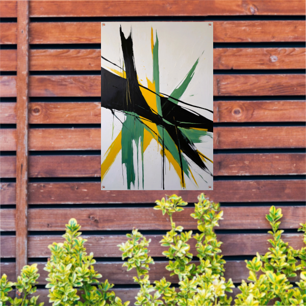 Abstracte dynamiek in zwart, wit en geel tuinposter