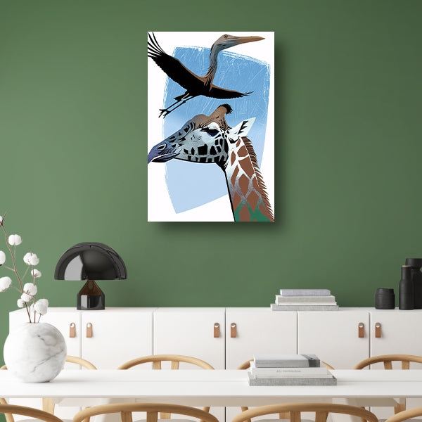 Minimalistische illustratie van giraf en vogel poster