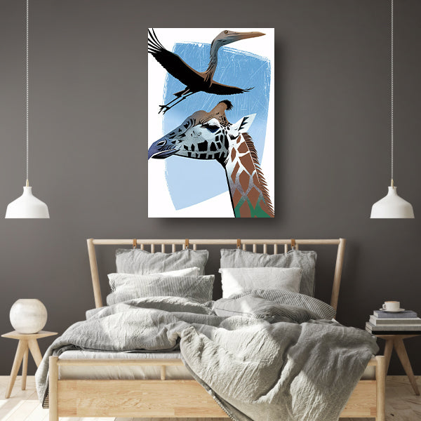 Minimalistische illustratie van giraf en vogel poster
