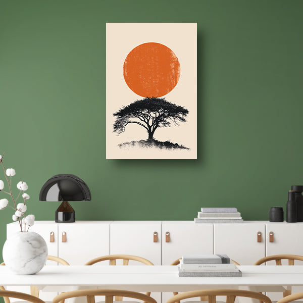Minimale boom silhouet tegen oranje zon poster