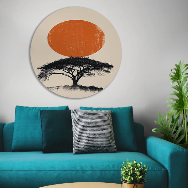 Minimale boom silhouet tegen oranje zon forex muurcirkel