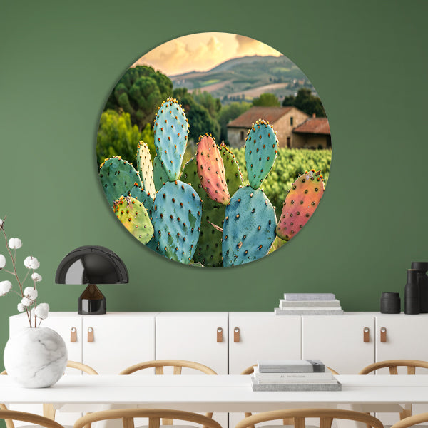 Kleurrijke cactus in Toscaanse zonsondergang aluminium muurcirkel