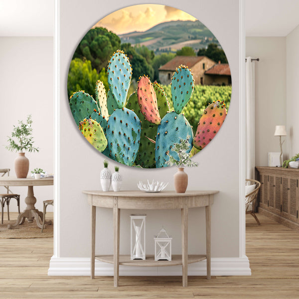 Kleurrijke cactus in Toscaanse zonsondergang aluminium muurcirkel