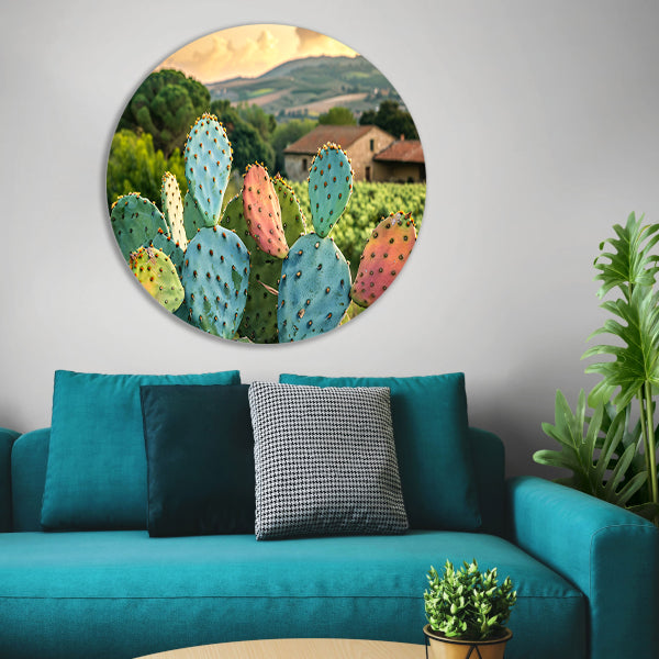 Kleurrijke cactus in Toscaanse zonsondergang aluminium muurcirkel