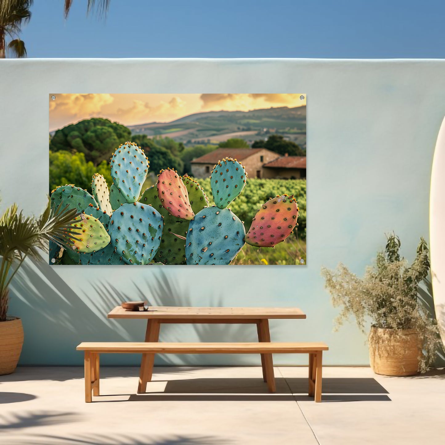Kleurrijke cactus in Toscaanse zonsondergang tuinposter