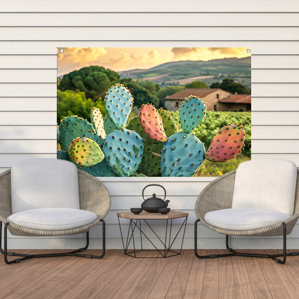 Kleurrijke cactus in Toscaanse zonsondergang tuinposter