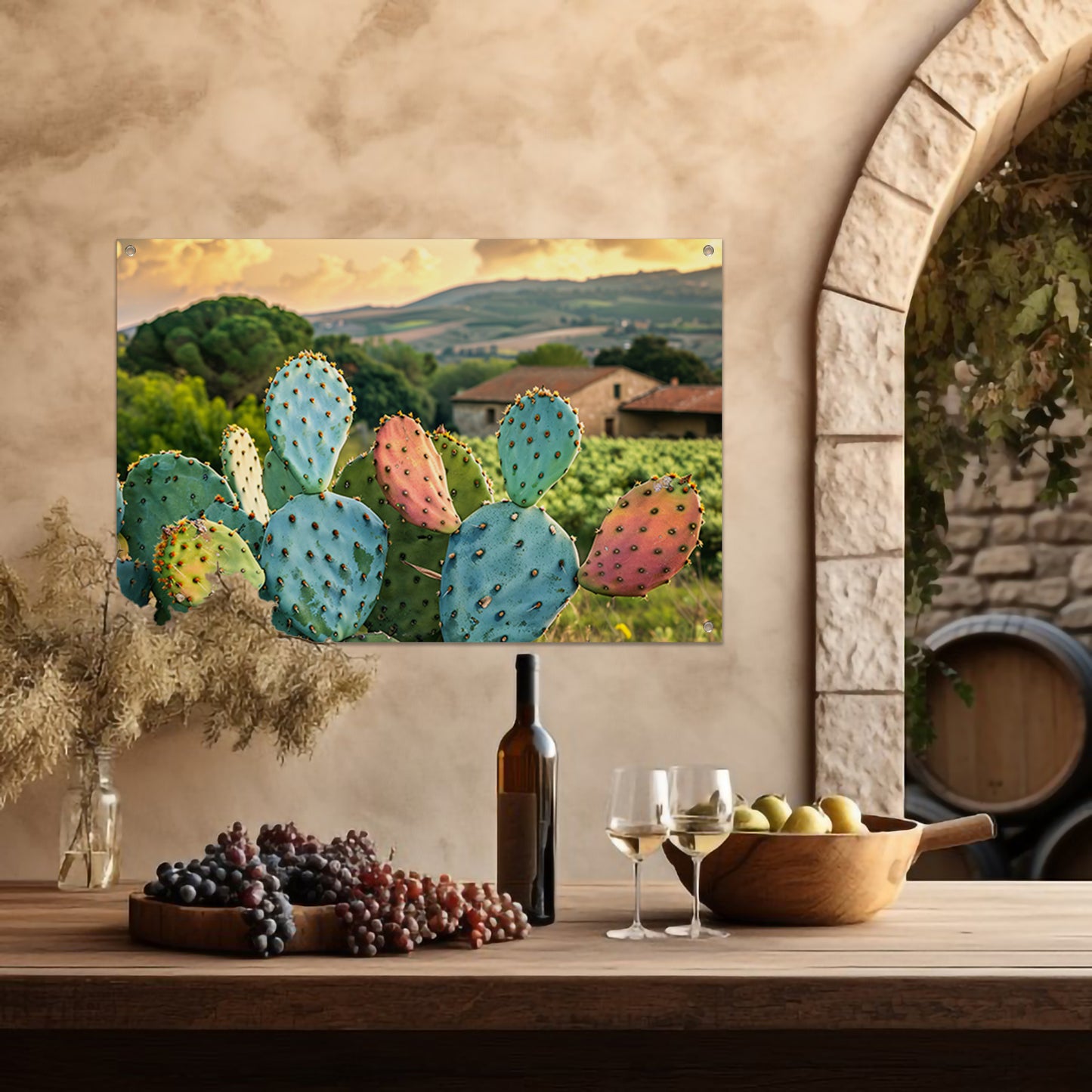 Kleurrijke cactus in Toscaanse zonsondergang tuinposter