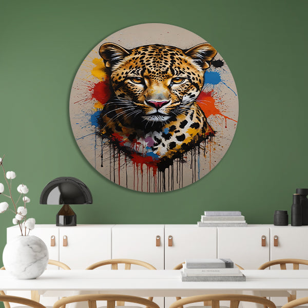 Kleurrijk Abstract Luipaard in Actie aluminium muurcirkel