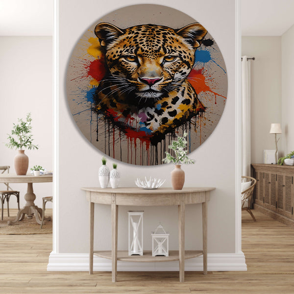 Kleurrijk Abstract Luipaard in Actie aluminium muurcirkel