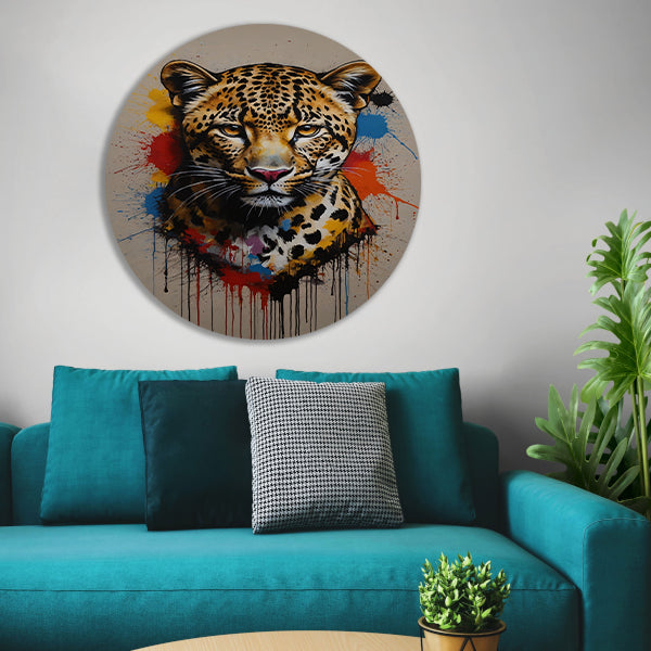 Kleurrijk Abstract Luipaard in Actie aluminium muurcirkel