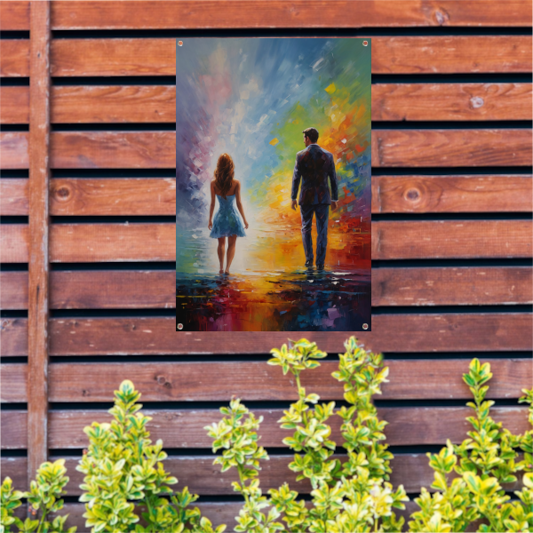 Couple Amidst Vivid Abstract Colors tuinposter