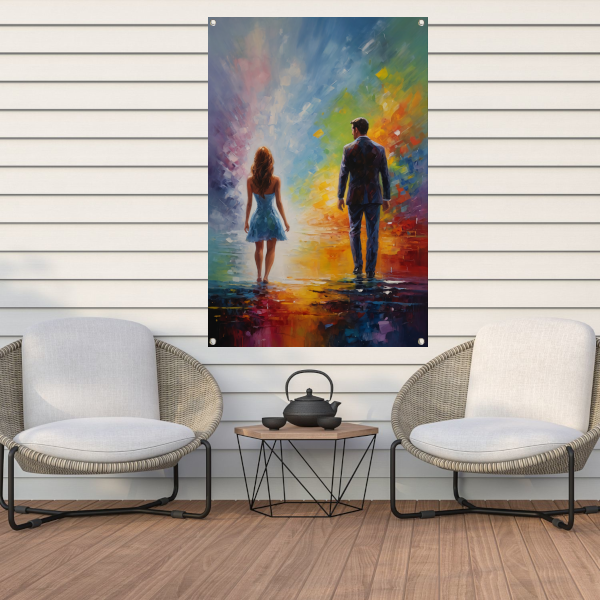 Couple Amidst Vivid Abstract Colors tuinposter