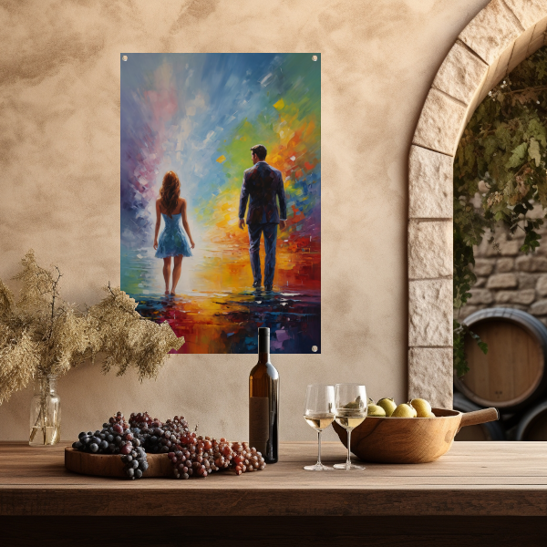 Couple Amidst Vivid Abstract Colors tuinposter