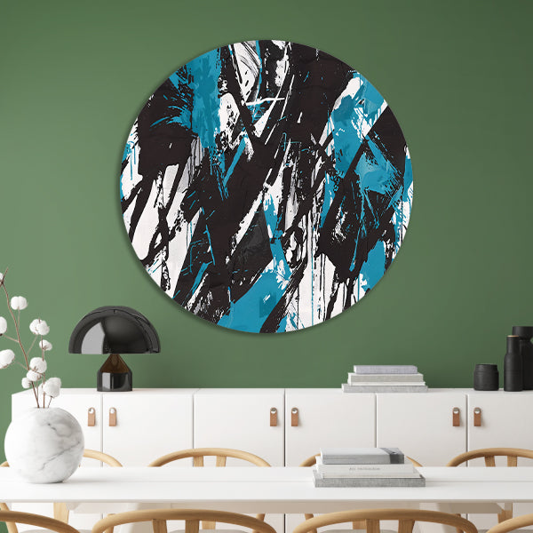 Abstracte dynamiek in zwart, wit en blauw aluminium muurcirkel
