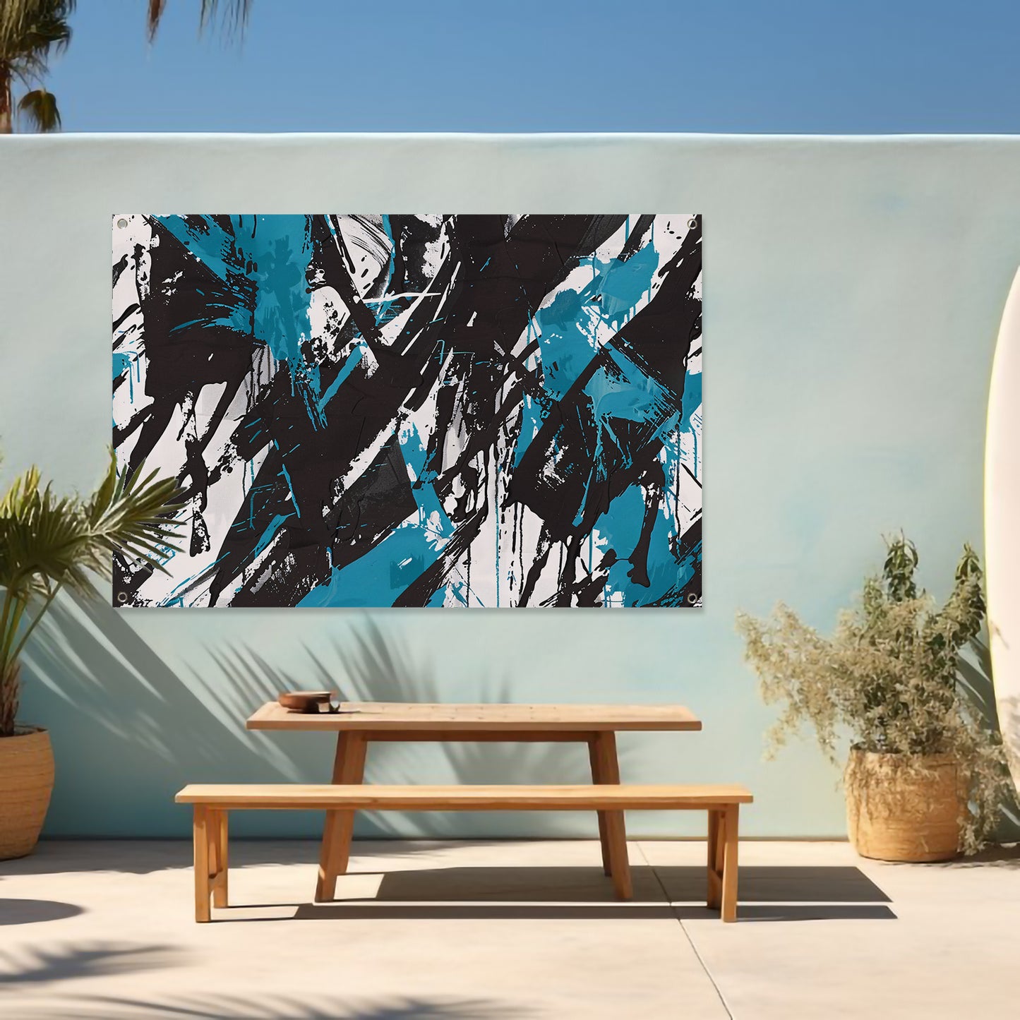 Abstracte dynamiek in zwart, wit en blauw tuinposter