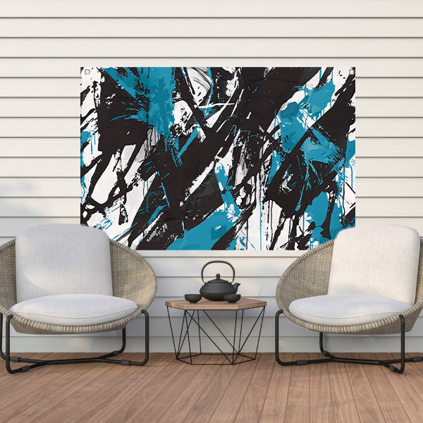 Abstracte dynamiek in zwart, wit en blauw tuinposter