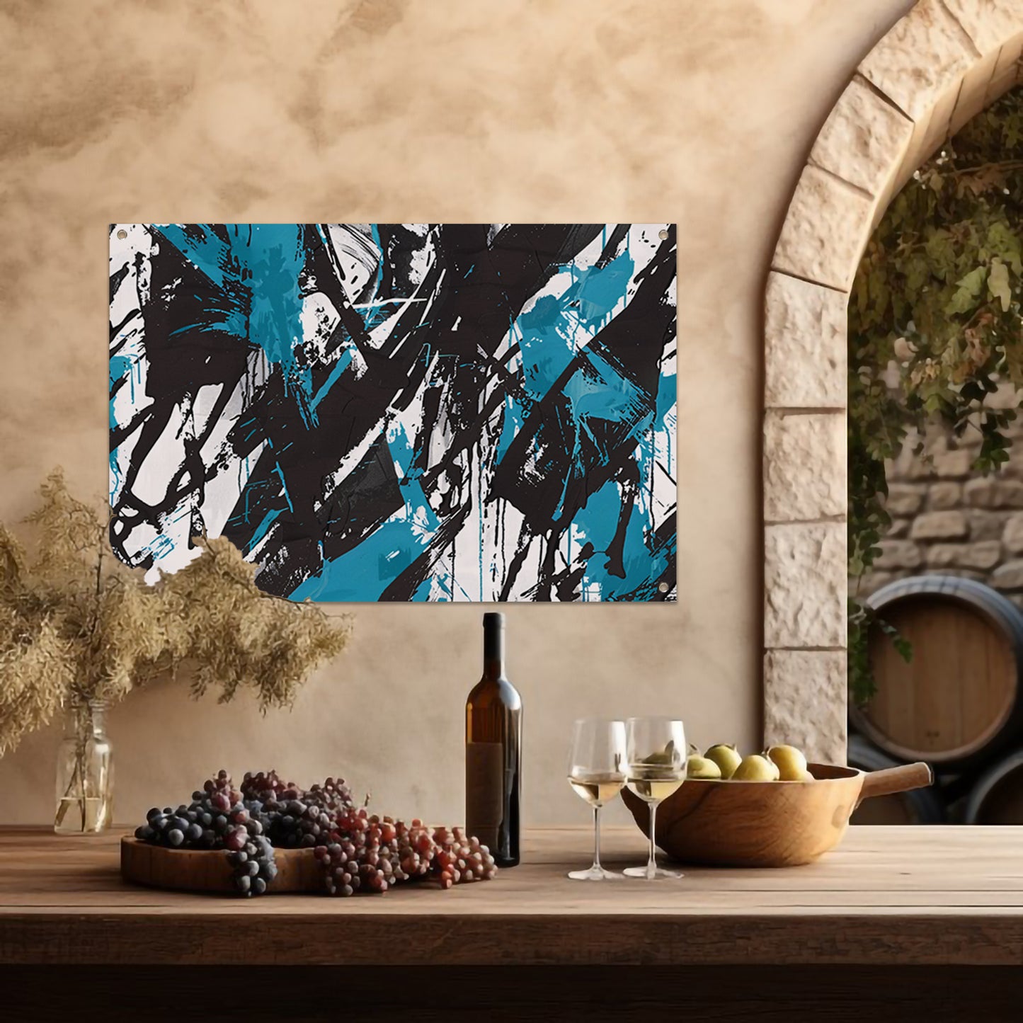 Abstracte dynamiek in zwart, wit en blauw tuinposter