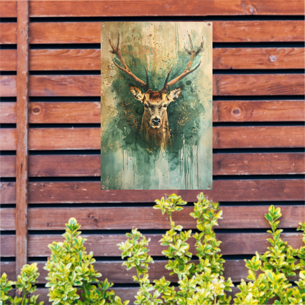 Mysterieus hertenportret met rustieke achtergrond tuinposter