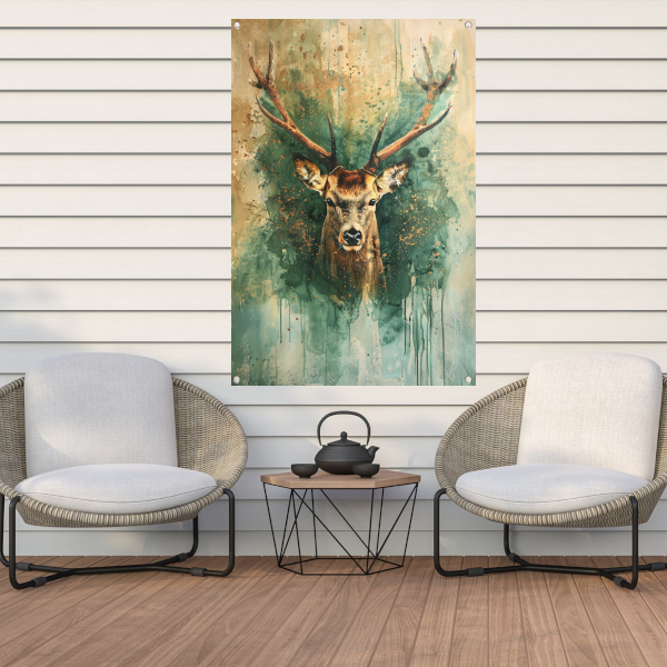 Mysterieus hertenportret met rustieke achtergrond tuinposter