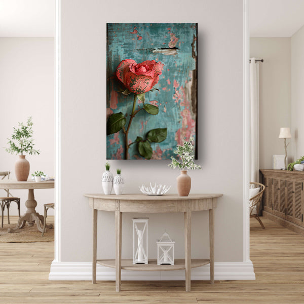 Een Roze Roos Tegen Verweerd Hout poster