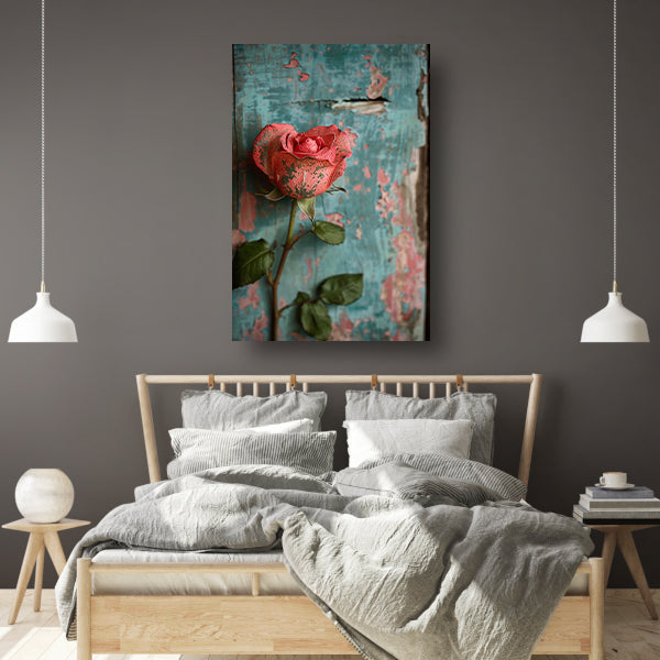 Een Roze Roos Tegen Verweerd Hout poster