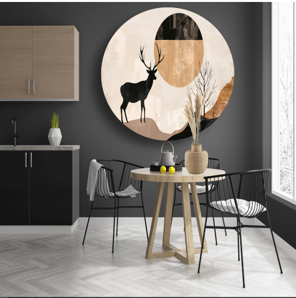 Silhouet van een hert bij nacht en natuur aluminium muurcirkel